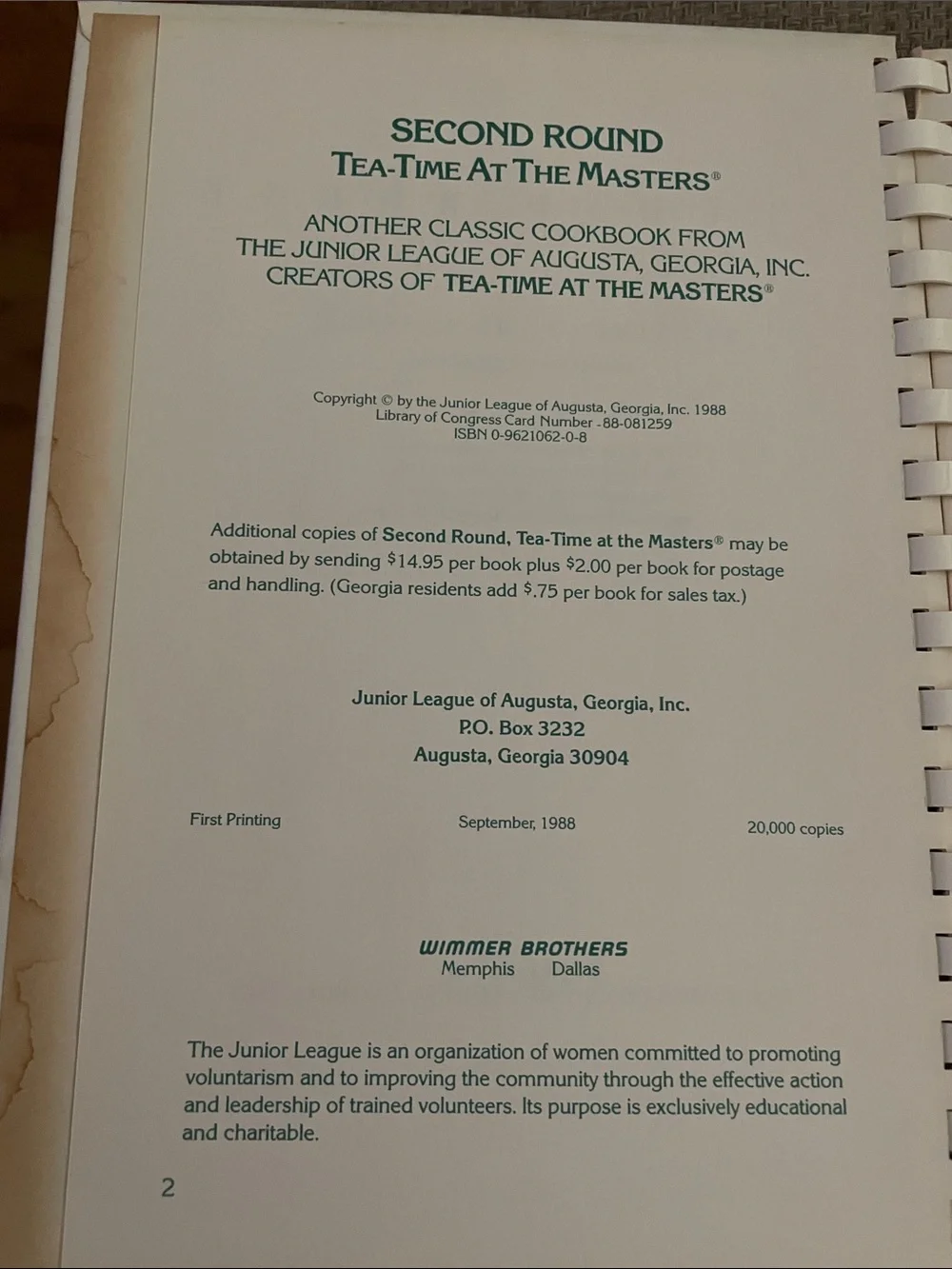 Second Round Tea-Time at the Masters Cookbook First Printing 1988